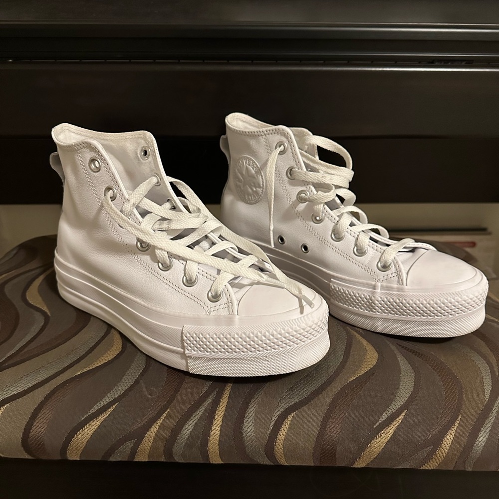 Custom White Leather Platform Converse Hightops